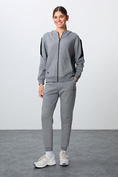 TOMMY LIFE Gray Melange Compact Cotton Thick Smooth Textured Hooded Oversize Fit Women's Tracksuit Set - 95343