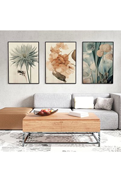 KOLAJTASARIM Yeşil ve Turuncu Tonların Uyumu Üçlü Metal Çerçeveli Tablo Seti /S