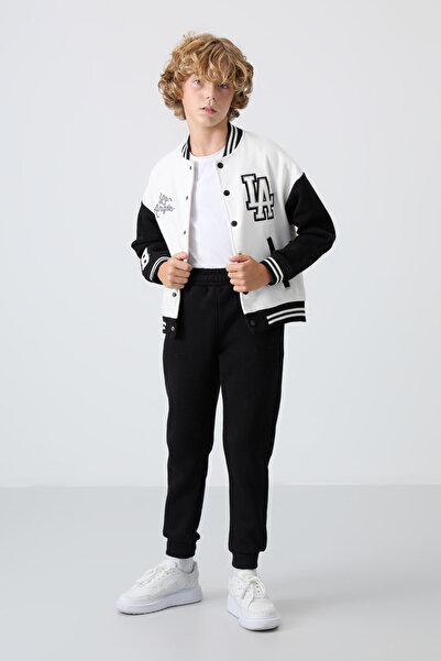 TOMMY LIFE Ecru Cotton Thick Fleece Lined Soft Textured Standard Fit Embroidered Boys' College Jacket - 11258