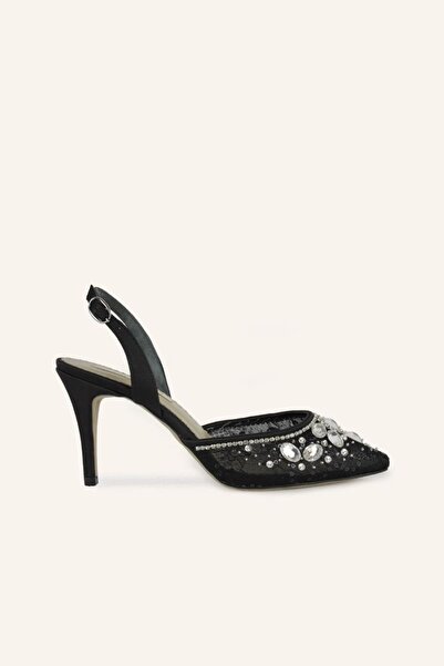 MARCATELLI Siyah Saten Tiara Topuklu Ayakkabı