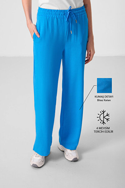 TOMMY LIFE Mavi Keten Geniş Paça Rahat Form Kadın Palazzo Pantolon - 94675