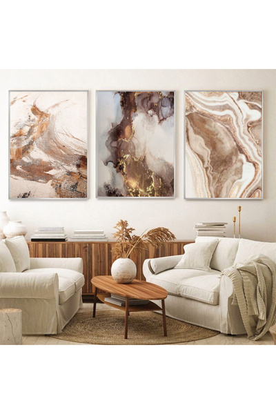 KOLAJTASARIM Organik Elegans: Sıcak Mermer Desenli Üçlü Metal Çerçeveli Tablo...