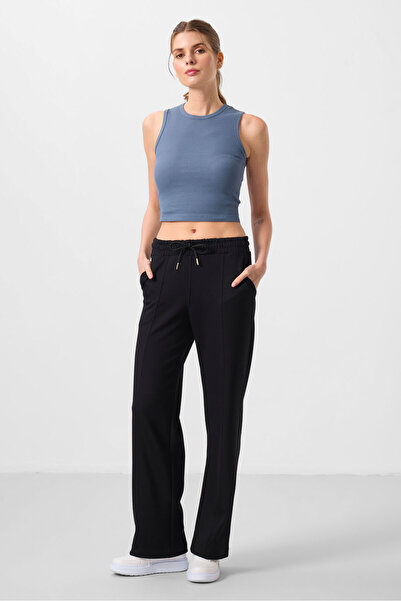 TOMMY LIFE Siyah Yumuşak Dokulu Cepli Ön Dikiş Detaylı Kadın Palazzo Pantolon - 94670