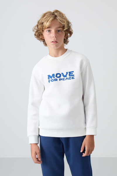 TOMMY LIFE Boy's Ecru Cotton Printed Sweatshirt - Thick Feather Inside, Soft Texture - 11216