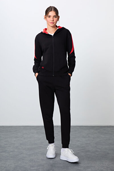 TOMMY LIFE Black Compact Cotton Thick Smooth Textured Hooded Oversize Fit Women's Tracksuit Set - 95343