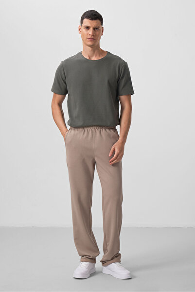 TOMMY LIFE Dark Beige Surface Textured Comfortable Form Palazzo Men's Trouser...