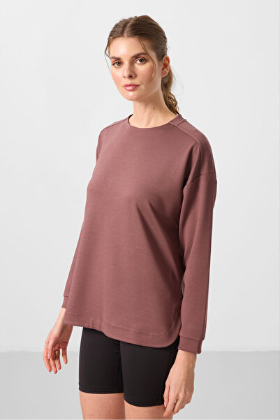 TOMMY LIFE Brown Soft Textured O Neck Comfortable Form Women's Tunic Sweatshirt - 97305