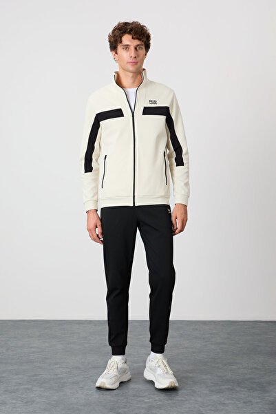 AIR JONES Beige-Black Textured Surface Standard Fit Embroidered Men's Tracksuit Suit - 85248