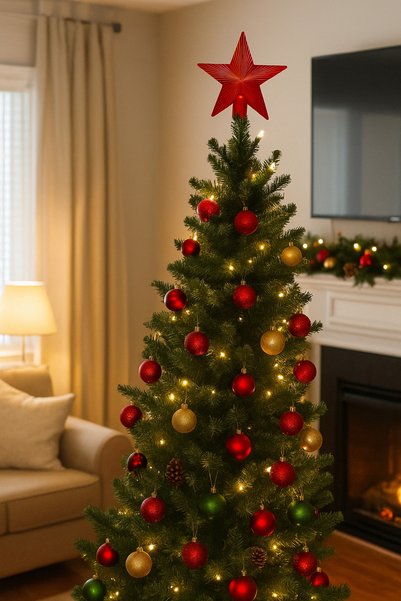 DODOMAR Christmas Tree Topper (15 cm) - Red Colored Striped Star Luxury Pine Tree Decoration