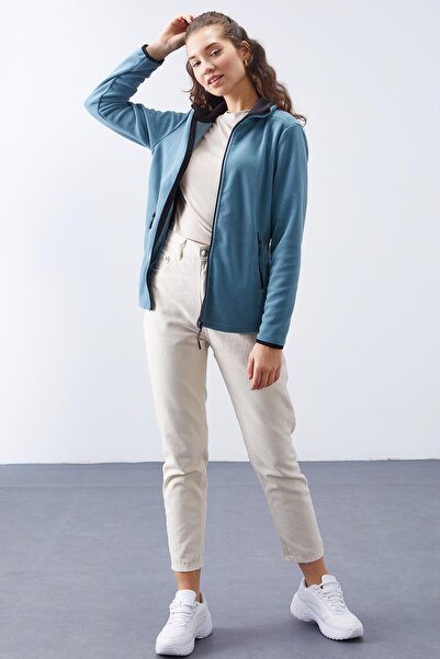 TOMMY LIFE Mint Green Stand Collar Zippered Comfortable Form Women's Fleece Sweatshirt - 97173