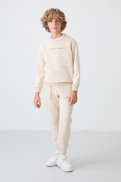 TOMMY LIFE Μπεζ βαμβακερό χοντρό ύφασμα με μαλακή υφή, τυπική εφαρμογή, εμπριμέ αγορίστικο κοστούμι αθλητικής φόρμας - 11257