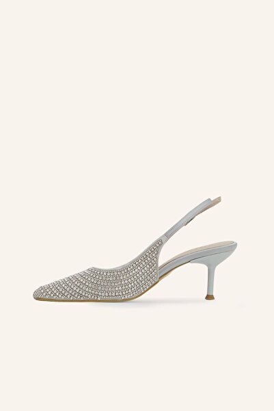 MARCATELLI Gümüş Saten Taşlı Topuklu Ayakkabı