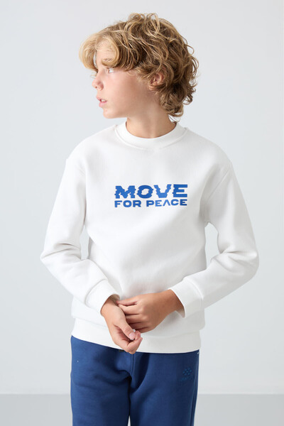 TOMMY LIFE Boy's Ecru Cotton Printed Sweatshirt - Thick Feather Inside, Soft Texture - 11216
