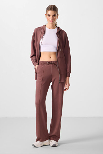 TOMMY LIFE Brown Soft Textured Women's Palazzo Trousers with Pocket Front Seam Detail - 94670