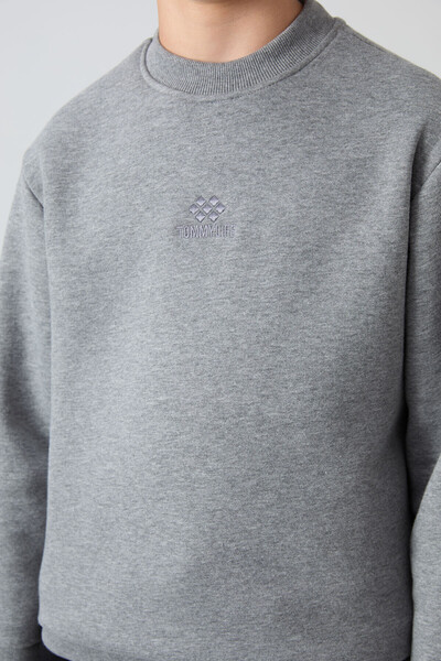 TOMMY LIFE Gray Melange Cotton Thick Fleece Lined Standard Fit Embroidered Boys' Sweatshirt - 11232