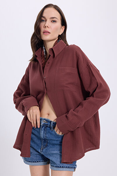 Tudors Γυναικείο πουκάμισο με μακρυμάνικο κορδόνι, 100% βαμβακερό ύφασμα μουσελίνας, με υφή καφέ χρώματος
