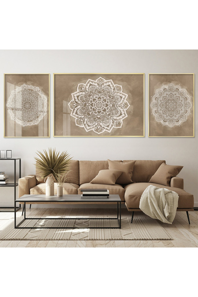 KOLAJTASARIM Meditatif Mandala; Altın Tonlu Üçlü Metal Çerçeveli Tablo Seti