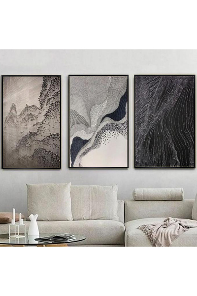 KOLAJTASARIM Zamanın İzinde: Üçlü Soyut Metal Çerçeveli Tablo Seti