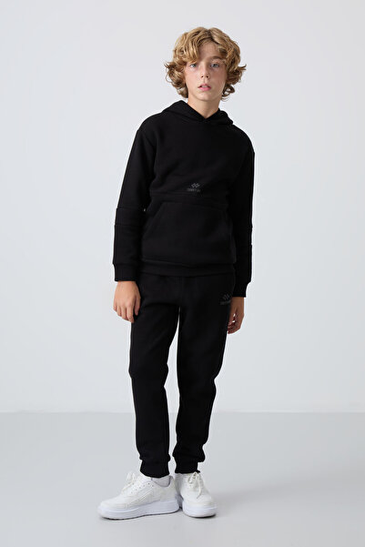 TOMMY LIFE Черен бродиран комплект анцуг за момче - плътен косъм отвътре, мека текстура, памук - 11255