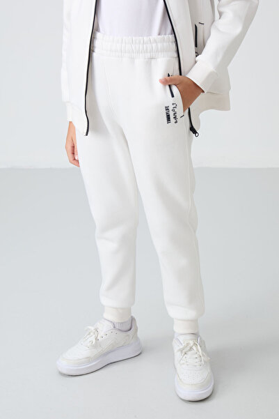 TOMMY LIFE Σετ αθλητικής φόρμας για αγόρια - εκρού βαμβάκι, χοντρό τρίχωμα εσωτερικά, κέντημα με απαλή υφή - 11240