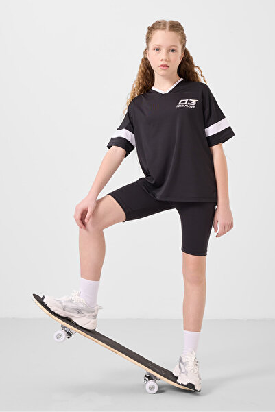 TOMMY LIFE Siyah V Yaka Kemer Detaylı Standart Fit Performans Kız Çocuk Tayt ...