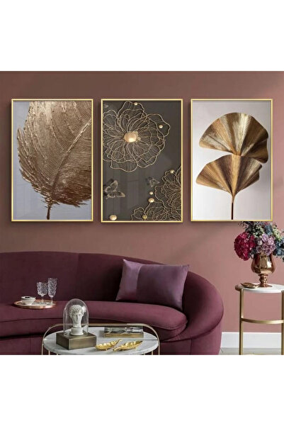 KOLAJTASARIM Altın Ginkgo Zarafeti Üçlü Metal Çerçeveli Tablo Seti