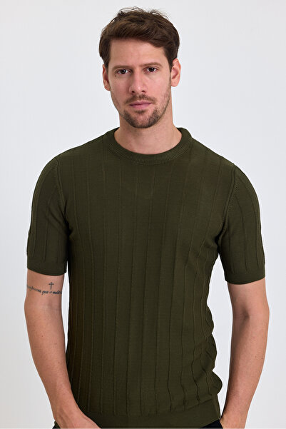 COMBİNE MİCHAİL Men's Knitwear T-shirt - Khaki Crew Neck