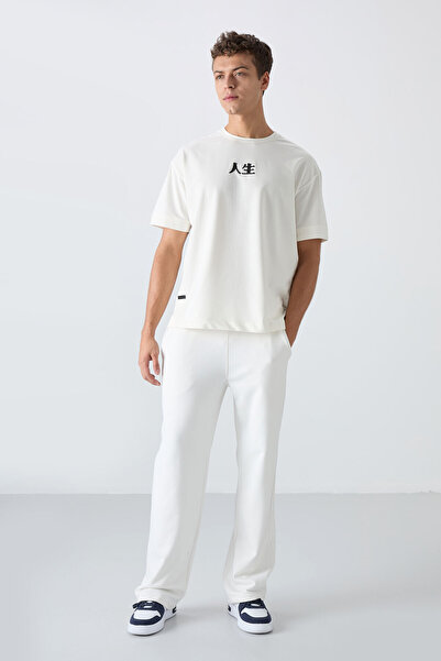 TOMMY LIFE Ecru Cotton Thick Soft Textured Oversize Fit Printed Men's T-Shirt - 88342