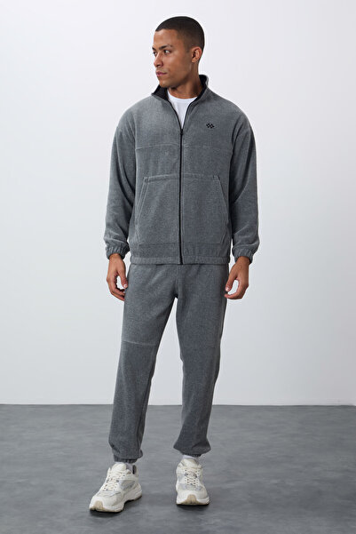 TOMMY LIFE Gray Melange Thick Soft Textured Comfort Fit Embroidered Men's Tracksuit Set - 85269