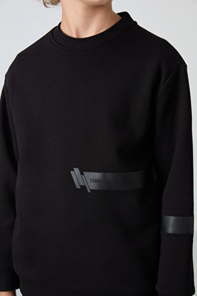 TOMMY LIFE Μαύρο βαμβακερό χοντρό γούνινο εσωτερικό με απαλή υφή Standard Fit εμπριμέ για αγόρια φούτερ - 11238