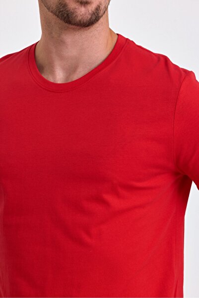 COMBİNE MİCHAİL Red Men's Slim Fit Crew Neck 100% Cotton T-Shirt