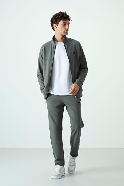 TOMMY LIFE Khaki Men's Tracksuit Set - Stand Collar, Zippered, Comfortable Form, Classic Leg - 85072