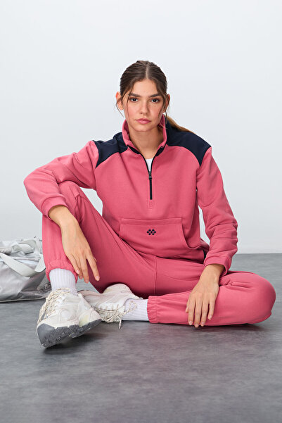 TOMMY LIFE Wild Rose kompakt pamut vastag, sima textúrájú állógallér, túlméretezett női tréningruha - 95342