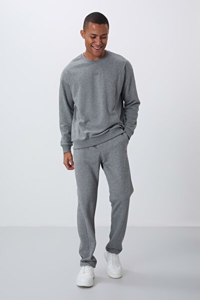 TOMMY LIFE Gray Melange Compact Cotton Thick Smooth Textured O Neck Comfort Fit Men's Tracksuit Set -85263