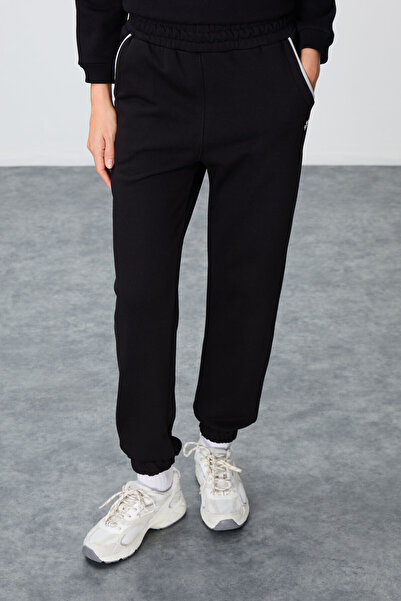 TOMMY LIFE Γυναικεία αθλητική φόρμα χοντρή και λεία υφή Μαύρη Oversize - Stand Collar - 95342