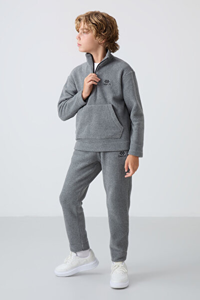 TOMMY LIFE Σετ φόρμας για αγόρι Fleece - Grey Melange, Κεντημένο, Χοντρό απαλή υφή - 11218