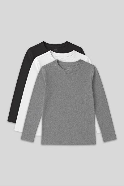 TOMMY LIFE Standart Fit Basic O Yaka 3lü Paket Gri Melanj-Antrasit-Beyaz Unis...