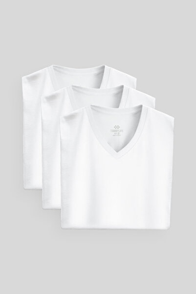 TOMMY LIFE Ανδρικό μπλουζάκι Standard Fit Basic V-Neck 3 Pack Λευκό 87912
