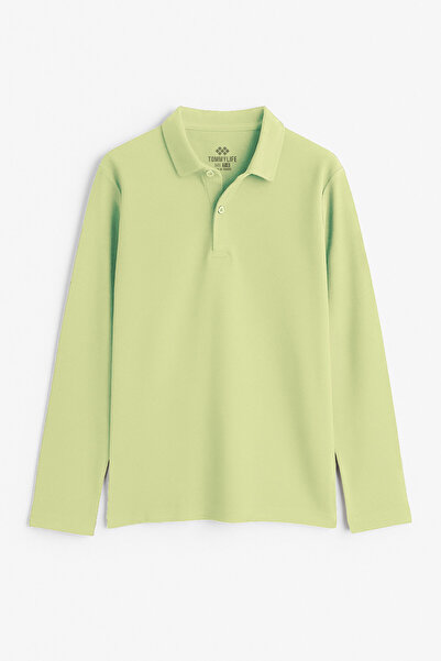 TOMMY LIFE Açık Yeşil Polo Yaka Basic Uzun Kollu Erkek Çocuk T-Shirt - 11170