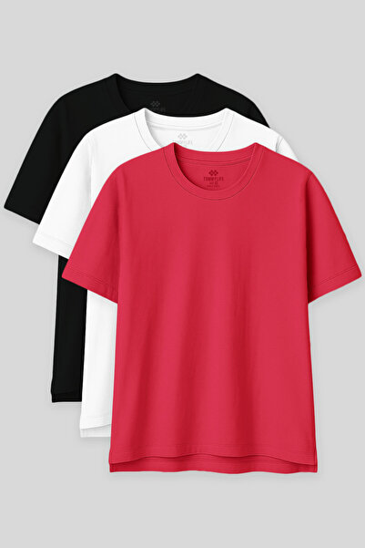 TOMMY LIFE Tricou pentru femei Oversize Fit Basic O Gât 3 pachet Negru-Alb-Roz 97285