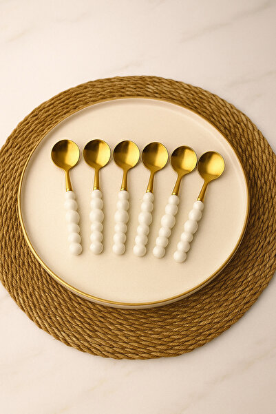 BEYZANA 6 Adet Beyaz Plastik İnci Taş Detaylı Gold Tatlı Kaşık Takımı | 6 Parça Lüks Tatlı Kaşık Takımı