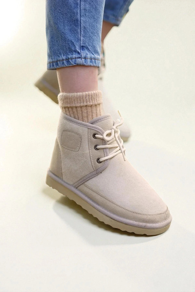 Sivarro Bağcıklı Kışlık Süet Tüylü Kadın Bot - Bej