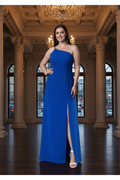 LİLAS XXL Büyük Beden Saks Renkli Krep Uzun Abiye Elbise