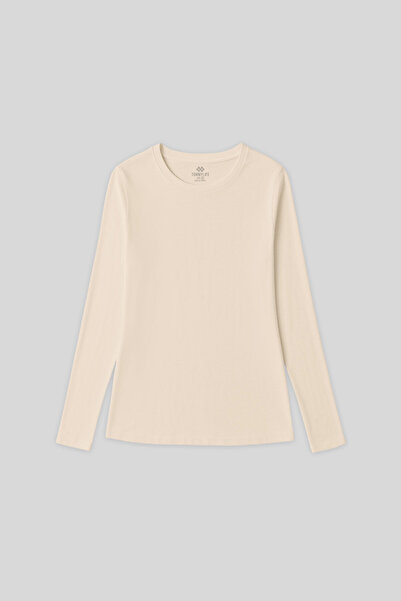 TOMMY LIFE Beige O Neck Standard Fit Long Sleeve Basic Women's T-Shirt - 97312