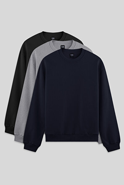 AIR JONES Ανδρικό φούτερ Standard Fit Basic με λαιμόκοψη σε σχήμα O, 3 τεμαχίων, μαύρο-μπλε ναυτικό-γκρι μελανζέ - 88363