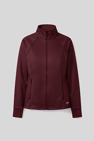 TOMMY LIFE Claret Red Zippered Mock Neck Basic Comfortable Form Women's Running Jacket - 97310