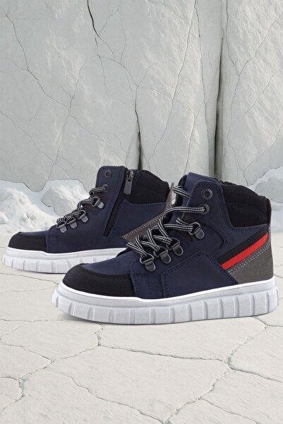 Rakerplus Genuine Leather Navy Blue Zippered Boys' Boots