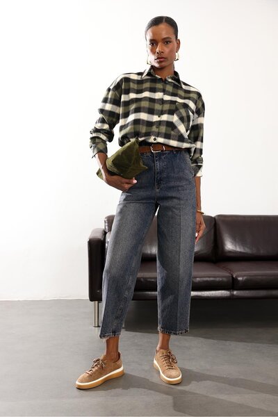 5in1Canpolat Yıkamalı Mavi Yüksek Bel Baggy Jean RM3004