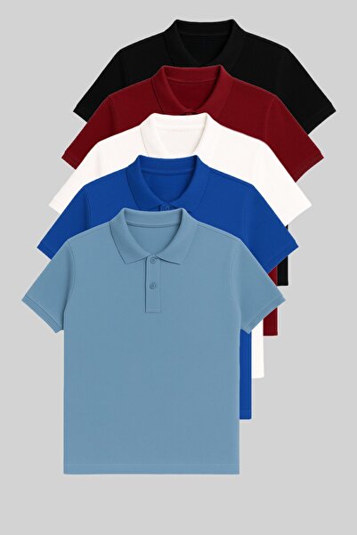 COMBİNE MİCHAİL Ανδρικό T-shirt 5-pack Polo Neck - Μαύρο-Τιρκουάζ-Λευκό-Μπλε-Μπλε