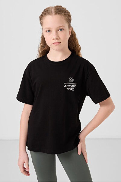 TOMMY LIFE Tricou pentru fete din bumbac negru cu decolteu O oversize cu impr...